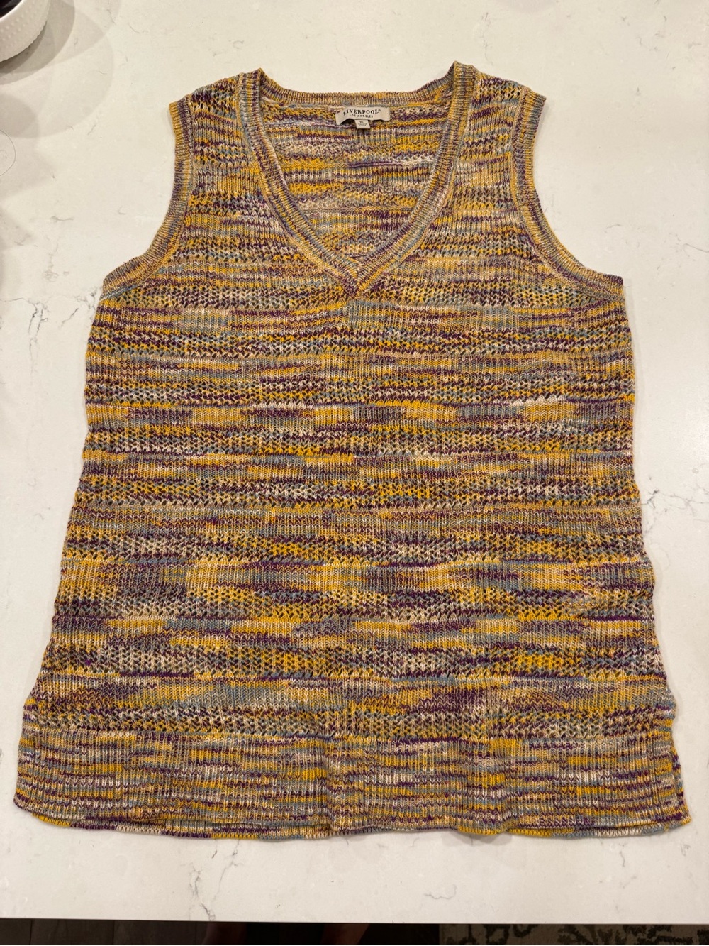 Liverpool Multicolor Knit V-Neck Sweater Vest in Yellow, Purple, Gray